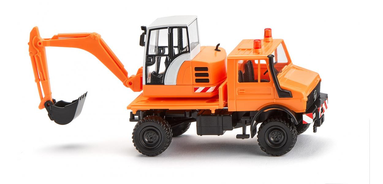 Wiking Unimog mit Bagger - kommunalorange