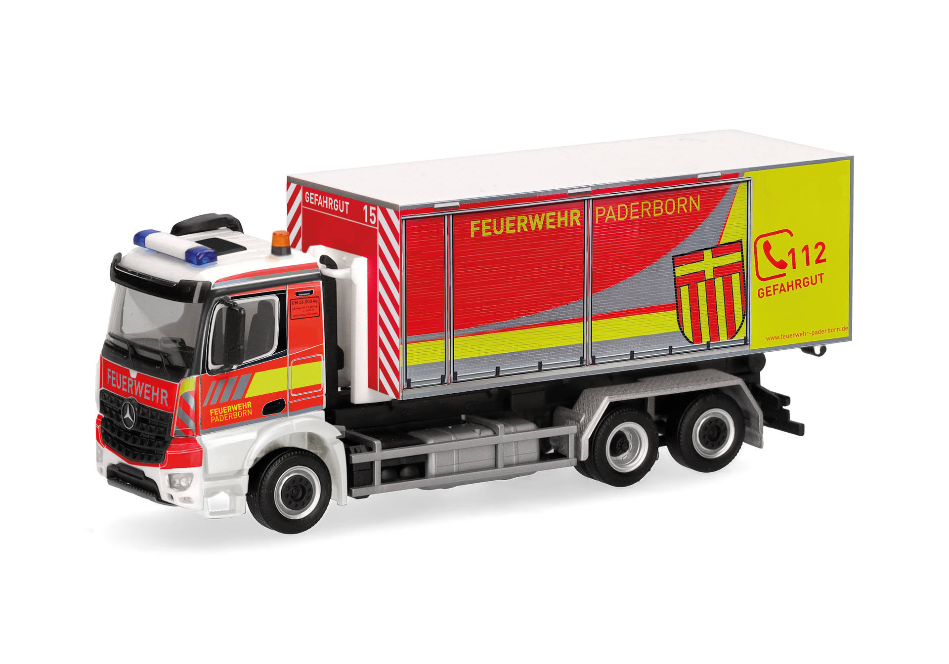 Herpa MB Arocs M WLF mit AB Gefahrgut "Feuerwehr Paderborn" ,NH 01-02/26
