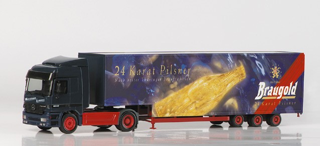 Herpa MB Actros L Jumbokoffer-SZ "Braugold" 