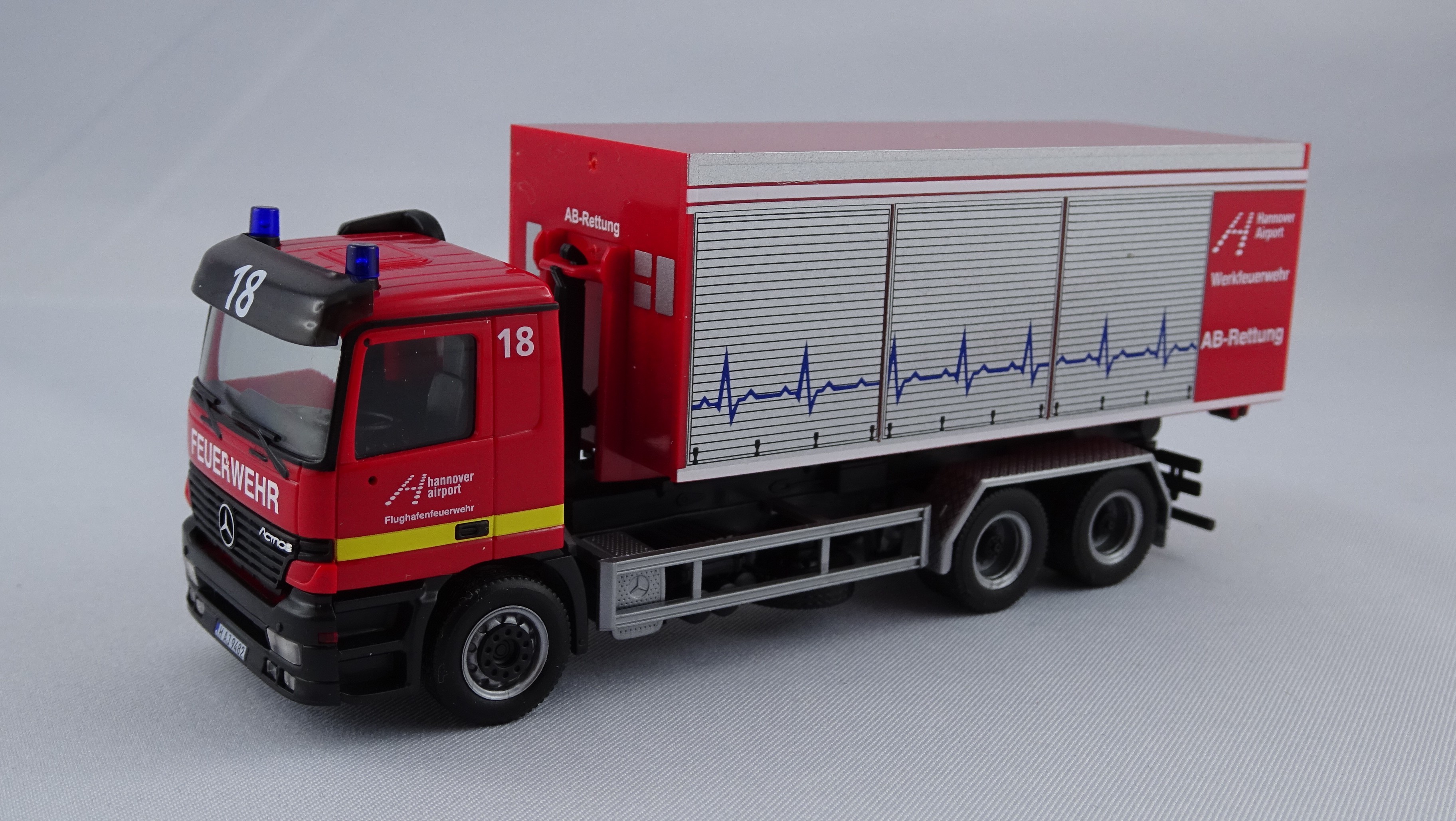 Herpa MB Actros MP1 WLF Flughafenfeuerwehr Hannover mit Schneepflug und AB Rettung